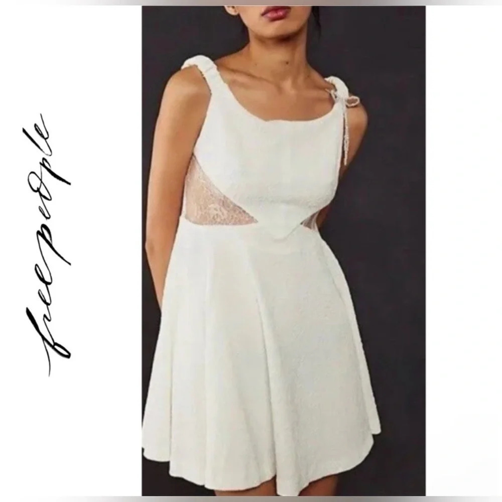 Free People Skater Boho ALLURING Brooklyn Mini Dress White L Lace Sheer Pockets